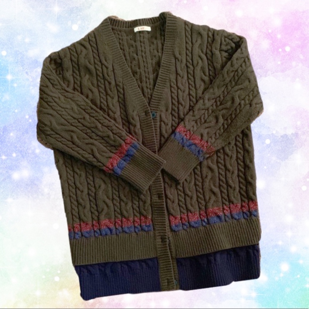 Anthropologie Olive Cardigan with Red and Blue Accents